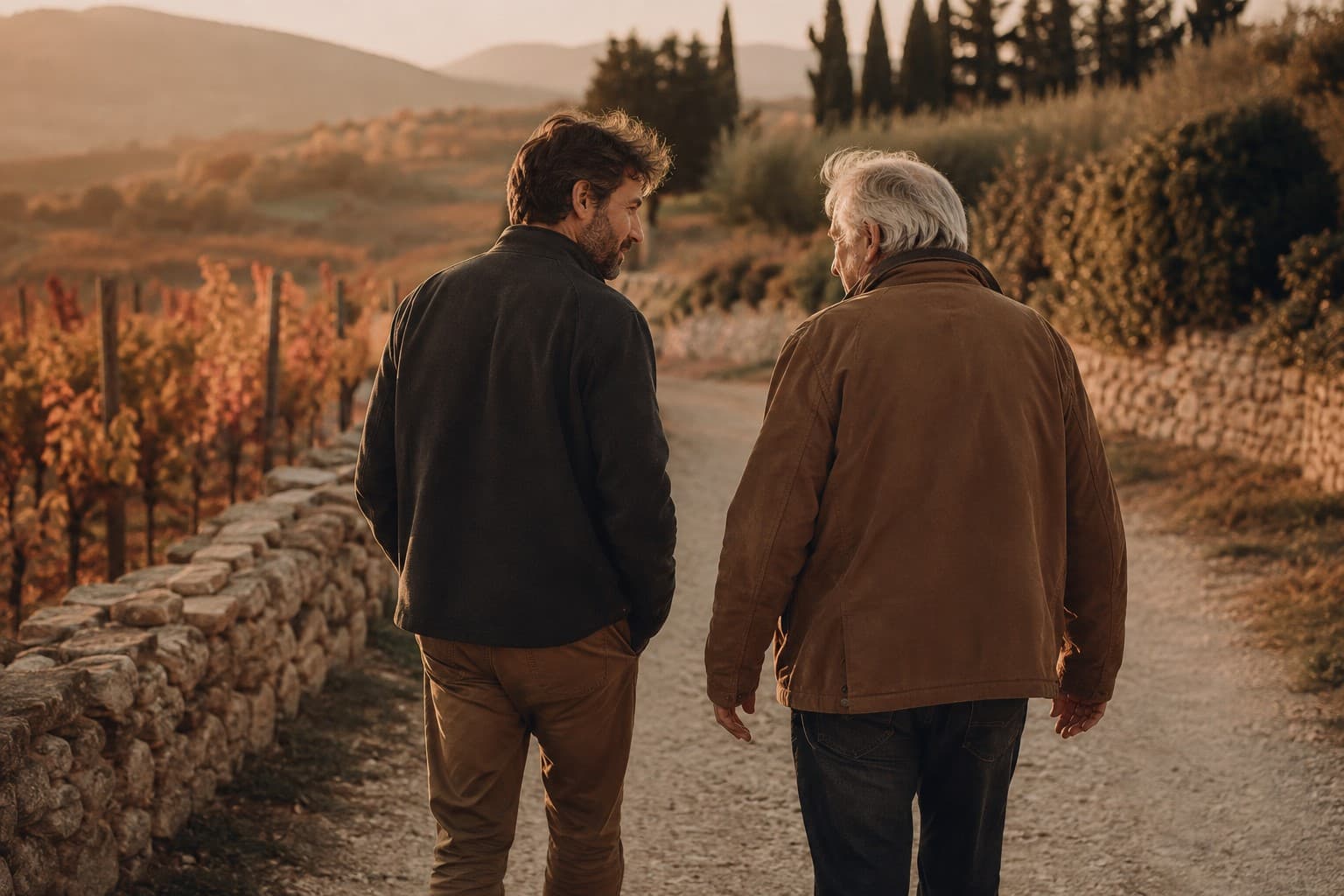 Un père et son fils adulte marchent côte à côte dans les vignes.