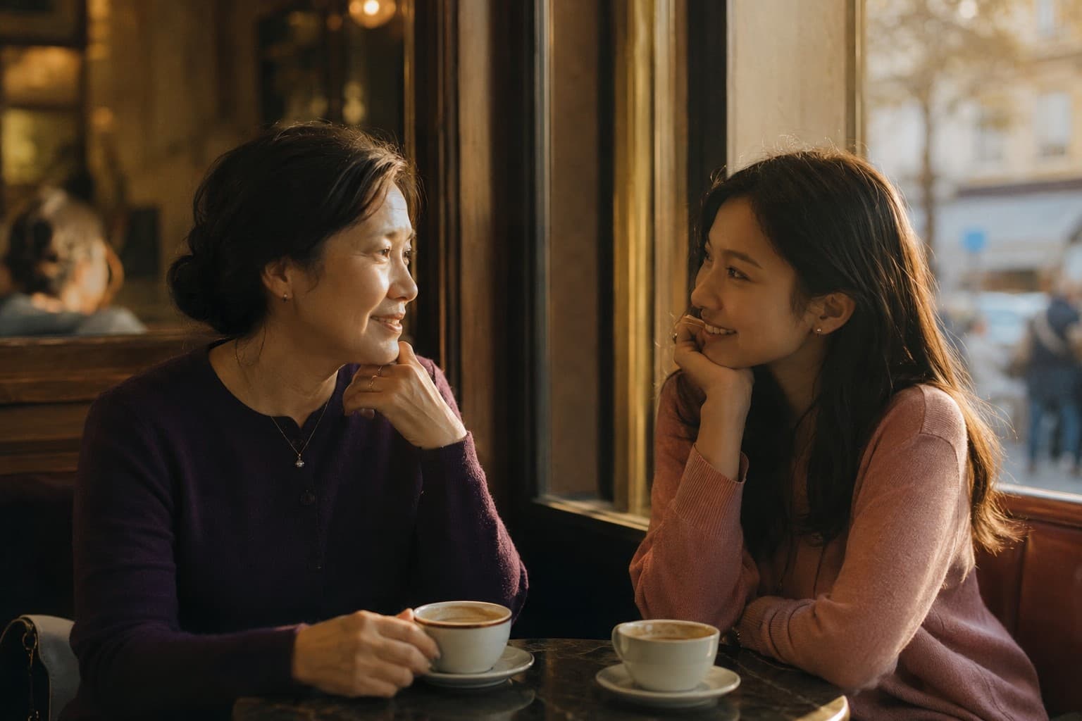Mère et fille au café
